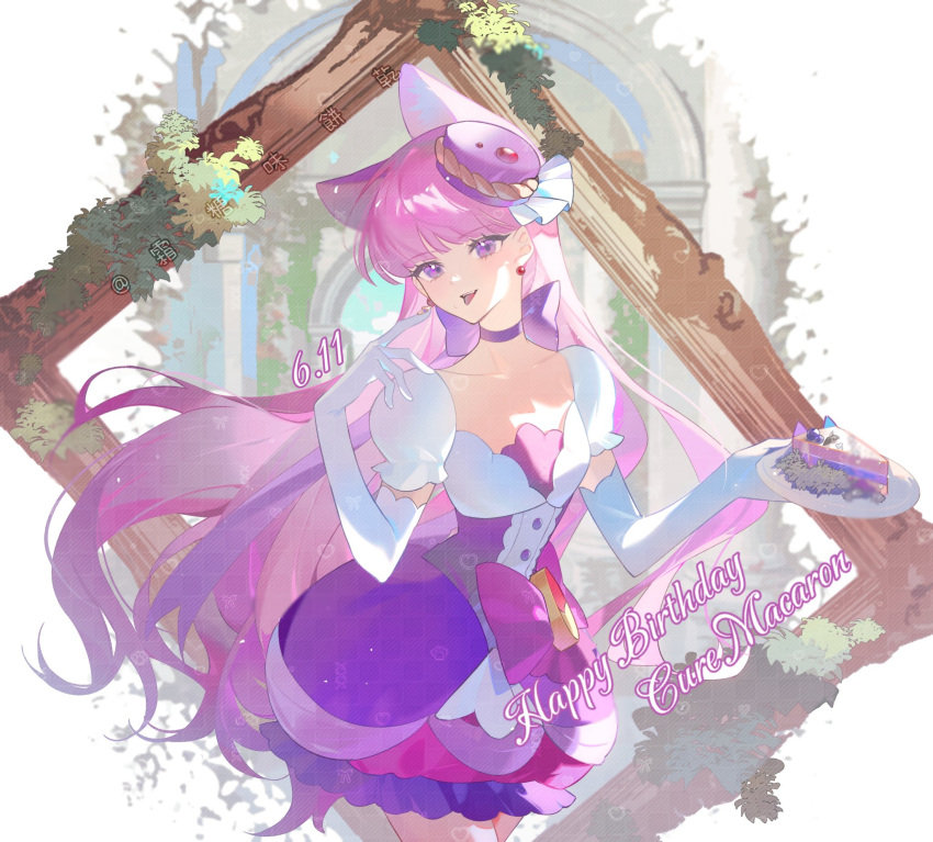 1girl, animal-themed_food, animal_ears, arch, bad_id, bad_twitter_id, bag, blue_sky, blunt_bangs, bow, bow_choker, bubble_skirt, buttons, cake, cake_slice, cat, cat_ears, cat_girl, cat_tail, center_frills, character_name, choker, clouds, collarbone, commentary_request, cookie_liye, corset, cowboy_shot, cure_macaron, day, dot_nose, earrings, elbow_gloves, english_text, extra_ears, food, food-themed_hair_ornament, frilled_skirt, frilled_sleeves, frills, gloves, hair_ornament, hair_ribbon, hand_on_own_shoulder, happy, happy_birthday, highres, holding, holding_plate, jewelry, kirakira_precure_a_la_mode, kotozume_yukari, light_blush, light_particles, long_hair, looking_at_viewer, macaron, magical_girl, miniskirt, moss, open_mouth, picture_frame, pillar, plate, precure, puffy_short_sleeves, puffy_sleeves, purple_bow, purple_choker, purple_corset, purple_hair, purple_skirt, ribbon, shirt, short_sleeves, skirt, skirt_bow, sky, smile, solo, sphere_earrings, square_neckline, standing, tail, teeth, tongue, upper_teeth_only, very_long_hair, violet_eyes, waist_bag, wavy_hair, white_background, white_gloves, white_ribbon, white_shirt, yellow_bag