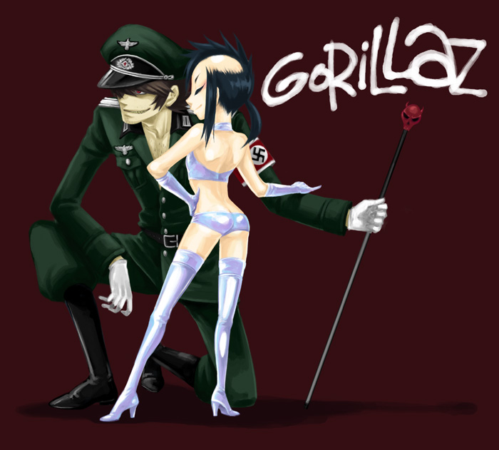 age_difference, black_hair, boots, couple, gloves, gorillaz, high_heels, latex, military, military_uniform, murdoc_niccals, nazi, noodle, sharp_teeth, shoes, short_hair, smile, thigh-highs, uniform, white_gloves