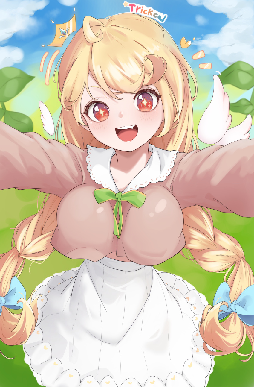 +_+, 1girl, absurdres, ahoge, blonde_hair, blue_bow, blue_sky, bow