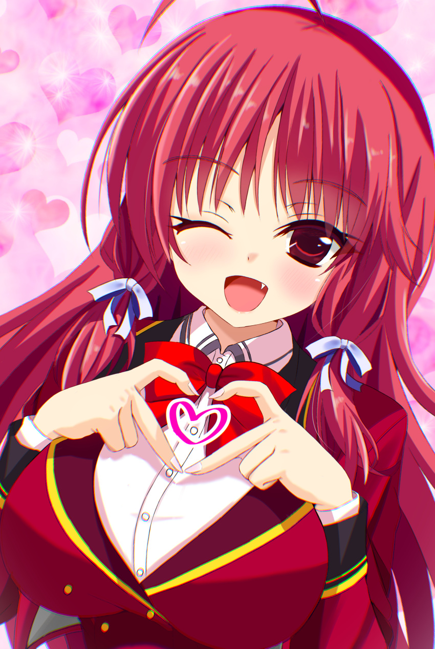 1girl, ;d, absurdres, ahoge, blush, bow, bowtie, breasts