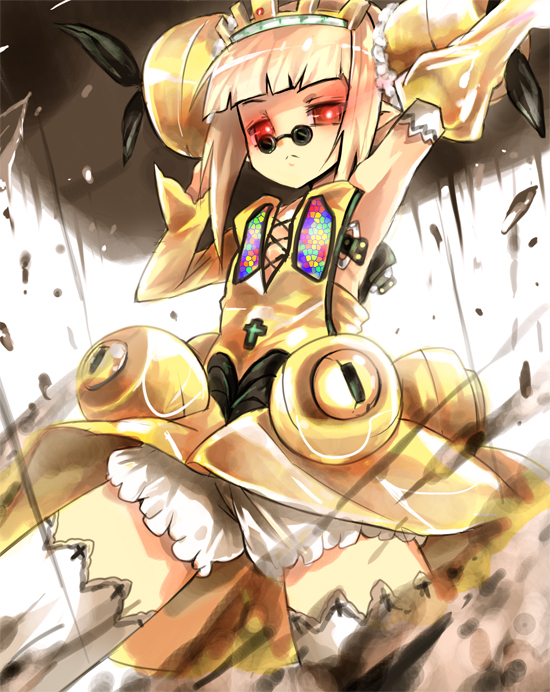 1girl, armpits, bad_id, blonde_hair, from_below, frown, king_joe, long_hair