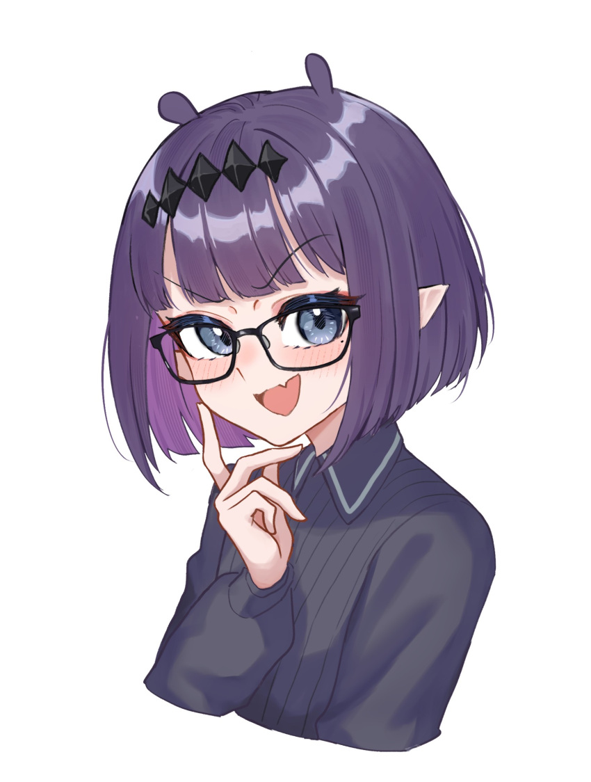 1girl, black_dress, black_hairband, blue_eyes, chrispy_tuna, diamond_hairband, dress, fang