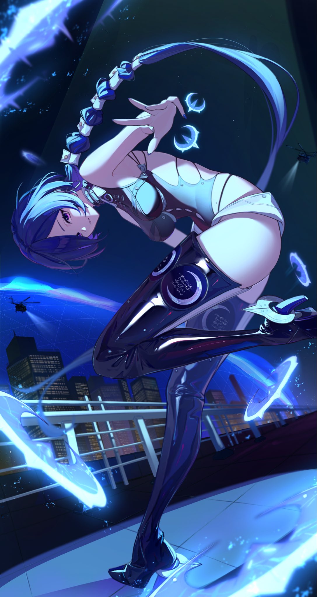 1girl, aircraft, bare_shoulders, blue_hair, breasts, crescent, crescent_earrings, earrings