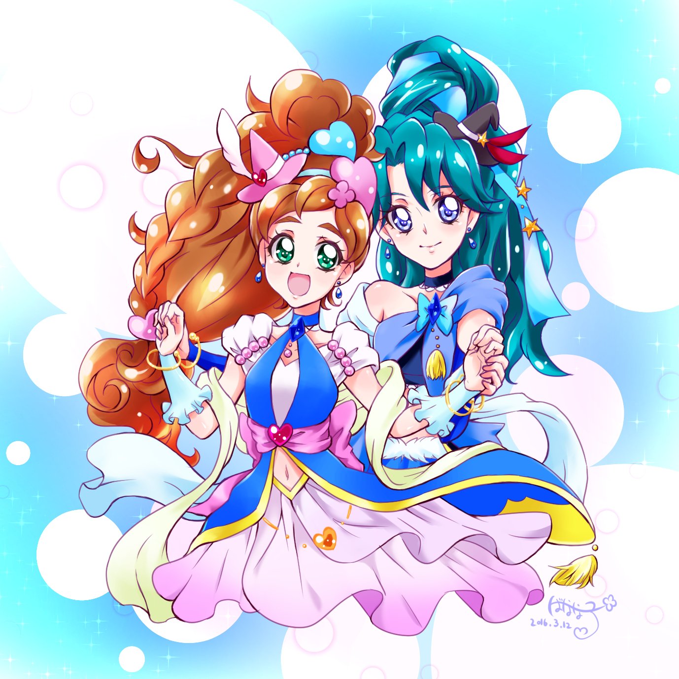 2girls, anime_coloring, aqua_eyes, aqua_hair, arm_warmers, asymmetrical_dress, back_bow, beads, black_hat, blue_arm_warmers, blue_background, blue_choker, blue_dress, blue_eyes, blue_hairband, blue_ribbon, blue_sash, bow, bracelet, braid, brooch, brown_hair, bubble, choker, closed_mouth, clothing_cutout, commentary_request, cosplay, cropped_torso, cure_magical, cure_magical_(cosplay), cure_magical_(sapphire_style), cure_miracle, cure_miracle_(cosplay), cure_miracle_(sapphire_style), dated, dress, eyelashes, flower, frilled_arm_warmers, frills, go!_princess_precure, gold_bracelet, hair_between_eyes, hair_flower, hair_ornament, hair_ribbon, hairband, hairclip, halter_dress, halterneck, happy, haruno_haruka, hat, hat_feather, hat_ornament, hat_ribbon, heart, heart_hair_ornament, heart_hat_ornament, high_ponytail, highres, holding_hands, jewelry, kaidou_minami, lace-trimmed_choker, lace_trim, light_particles, lips, long_hair, looking_at_viewer, magical_girl, mahou_girls_precure!, mini_hat, mini_witch_hat, miniskirt, multiple_girls, navel, official_style, open_mouth, pendant_earrings, pink_bow, pink_flower, pink_hat, pink_sash, pink_skirt, pleated_skirt, ponytail, precure, puffy_short_sleeves, puffy_sleeves, red_ribbon, ribbon, sash, shirt, shirt_under_dress, short_sleeves, signature, single_braid, single_sleeve, skirt, smile, sonna877san, sparkle, star_(symbol), star_hat_ornament, stomach_cutout, tareme, tress_ribbon, very_long_hair, waist_sash, wavy_hair, white_shirt, witch_hat