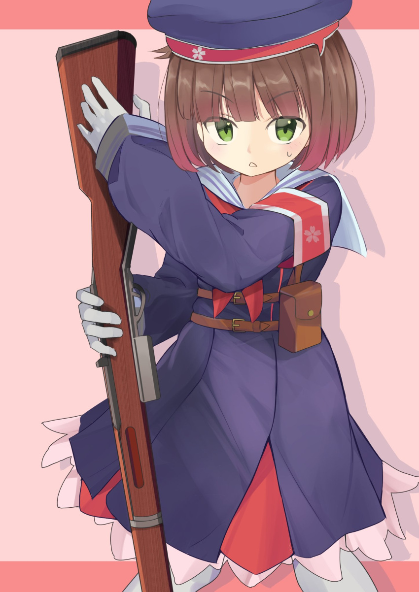 1girl, armband, belt, belt_pouch, black_hair, blue_dress, blue_hat, brown_belt