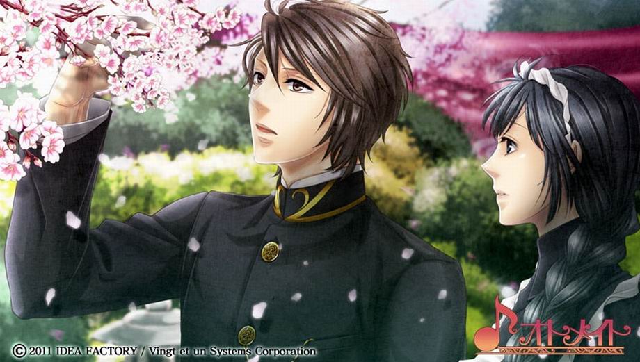 black_eyes, black_hair, braids, brown_eyes, cg, cherry_blossoms, couple, duo, flower, grass, hanayaka_nari_waga_ichizoku, headdress, idea_factory, long_hair, maid, miyanomori_hiroshi, nature, official_art, petals, scraf, short_hair, uniform