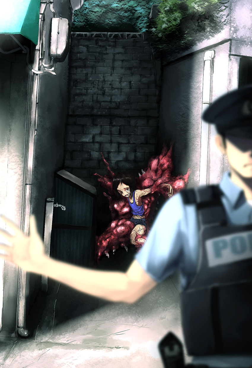 body_horror, bound_legs, commentary, drainpipe, electricity_meter, faucet, food, hat, highres, meat, monster, onibi_(foxhound4185), open_mouth, original, patchwork_girl_(onibi), police, police_hat, police_uniform, policeman, street, transformation, uniform, wall