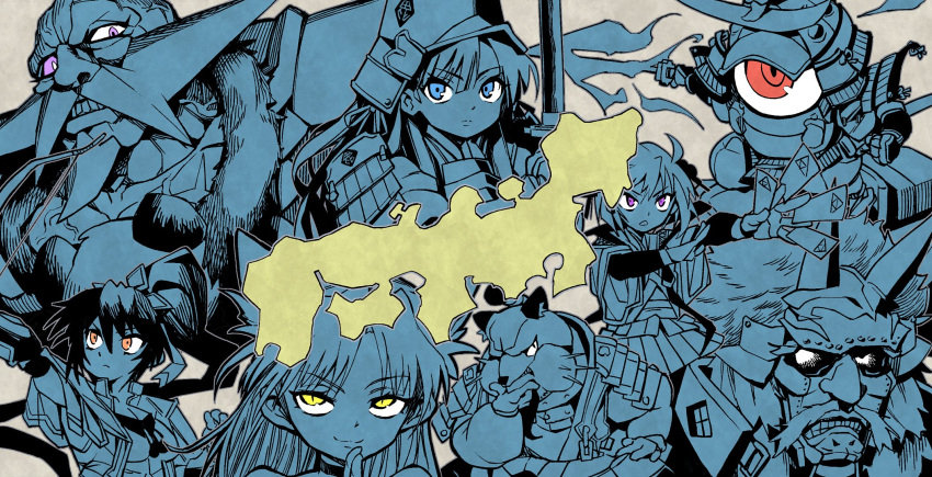 3girls, 4boys, armor, bald, between_fingers, black_eyes, blue_eyes, choker