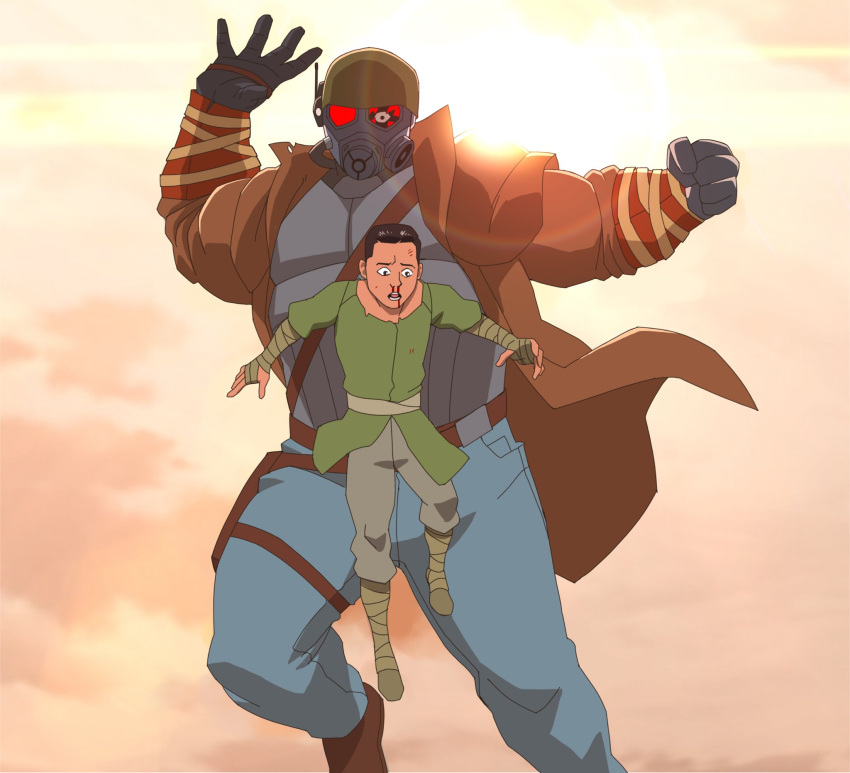2boys, arm_wrap, black_gloves, black_hair, blood, blood_on_face, boots, broken_eyewear, brown_boots, bulletproof_vest, coat, conquest_behind_oliver_(meme), courier_(fallout:_new_vegas), decomposedtaco, denim, duster_coat, fallout, fallout:_new_vegas, flying, gas_mask, gloves, helmet, highres, invincible_(series), jeans, looking_down, mask, meme, multiple_boys, orange_sky, pants, screenshot_background, sky, vambraces