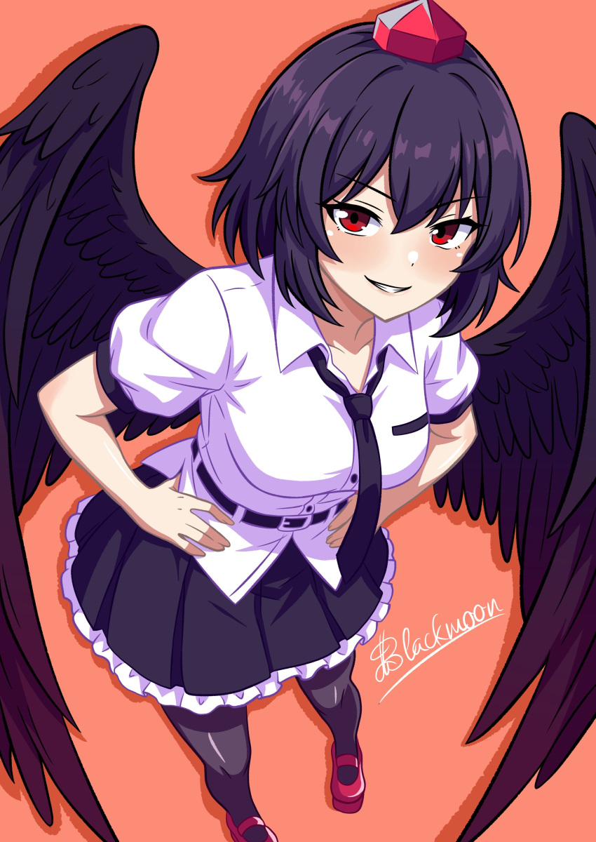 1girl, absurdres, artist_name, black_hair, black_skirt, black_wings, feathered_wings, hat