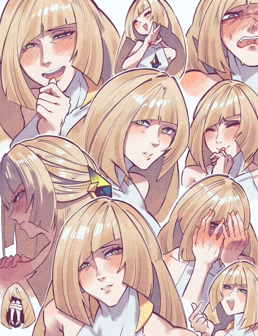 1girl, absurdres, andrich_galam, blonde_hair, blunt_bangs, breasts, clenched_teeth, expression_chart
