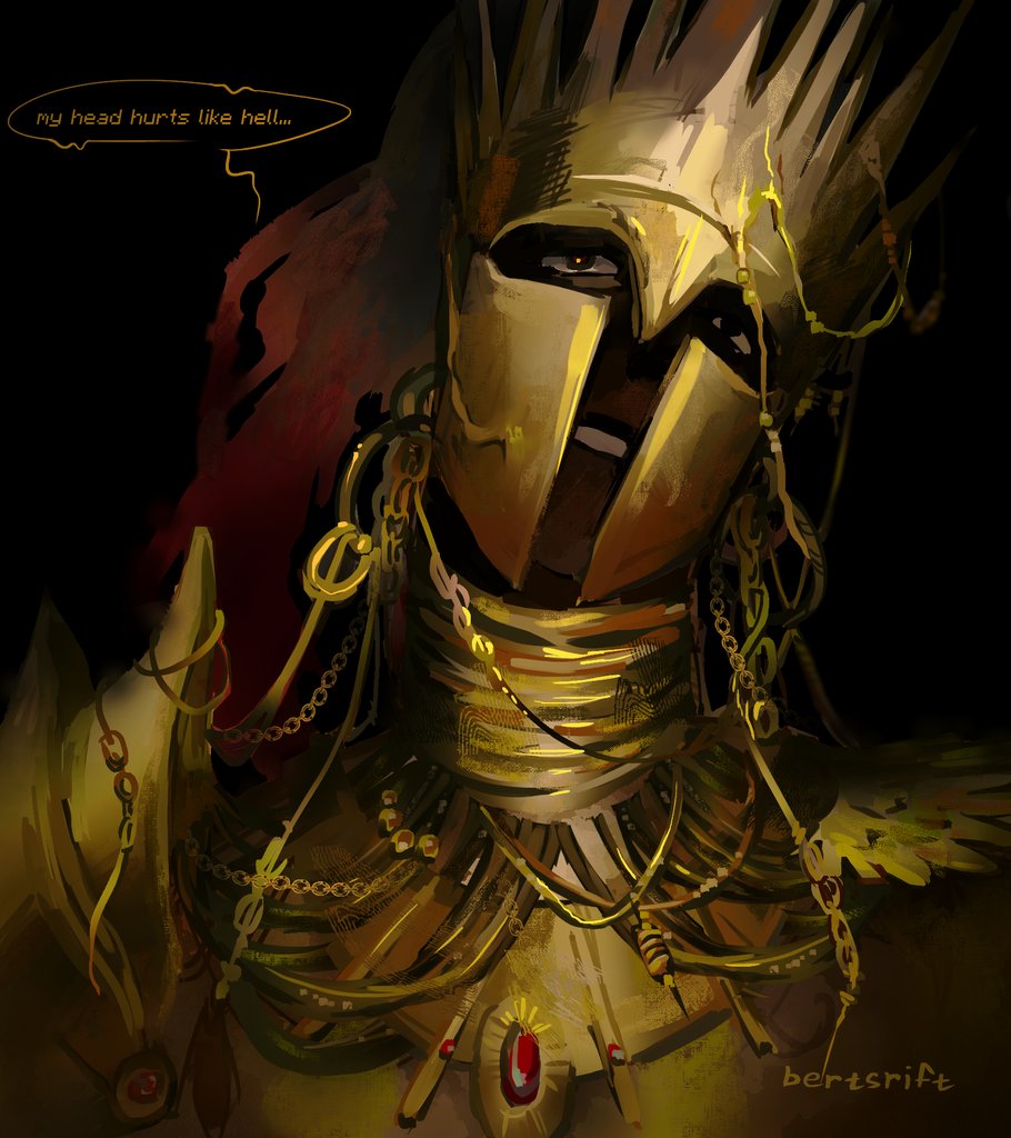 1boy, 1other, br_not_here, clenched_teeth, crown, d3rlord3, earrings, english_text, galea_helmet, head_tilt, helmet, jewelry, knight, necklace, parted_lips, pendant, searching_for_a_world_that_doesn't_exist, speech_bubble, teeth, the_king_in_yellow_(searching_for_a_world_that_doesn't_exist), too_many, upper_body