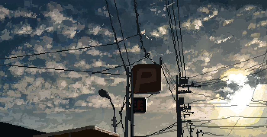 clouds, cloudy_sky, evening, highres, hisachan55cute, lamppost, no_humans, original