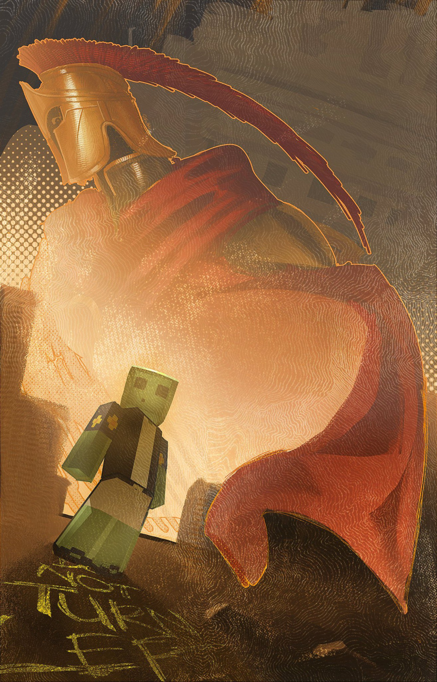 2boys, armor, averythemayo, belt, block_head, cape, cargo_shorts, covered_face, d3rlord3, english_text, floral_print, flxphlx, full_body, galea_helmet, halftone, hawaiian_shirt, highres, knight, male_focus, monster_boy, multiple_boys, red_cape, searching_for_a_world_that_doesn't_exist, shirt, shorts, slime_boy, source_quote, standing, white_shirt