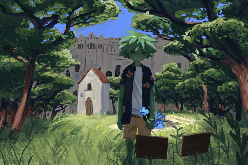 1boy, averythemayo, canon_event, church, colored_skin, expressionless, facing_viewer, floral_print, flower, full_body, green_skin, hawaiian_shirt, highres, holding, holding_flower, in-universe_location, male_focus, monster_boy, pond, scenery, searching_for_a_world_that_doesn't_exist, shirt, sign, slime_boy, solo, spuuuncy, standing, t-shirt, tree, white_shirt