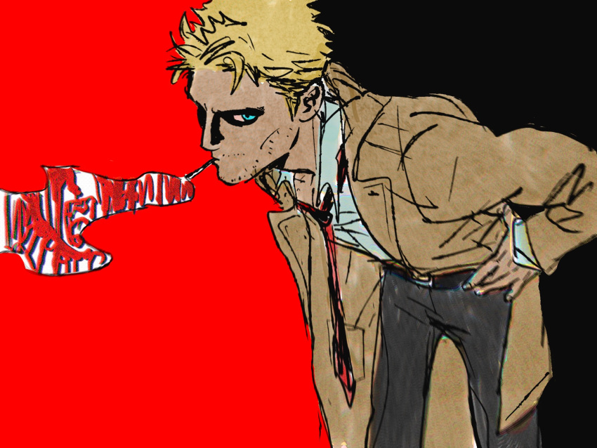 1boy, beard_stubble, blonde_hair, blue_eyes, coat, collared_shirt, constantine_(series), facial_hair