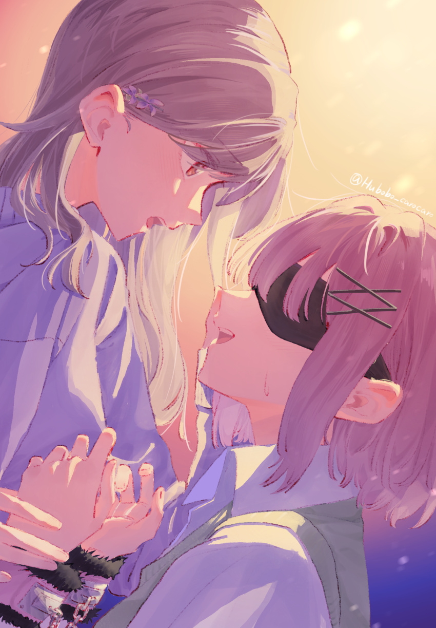 2girls, amaori_renako, blindfold, brown_eyes, brown_hair, collared_shirt, commentary_request, cuffs