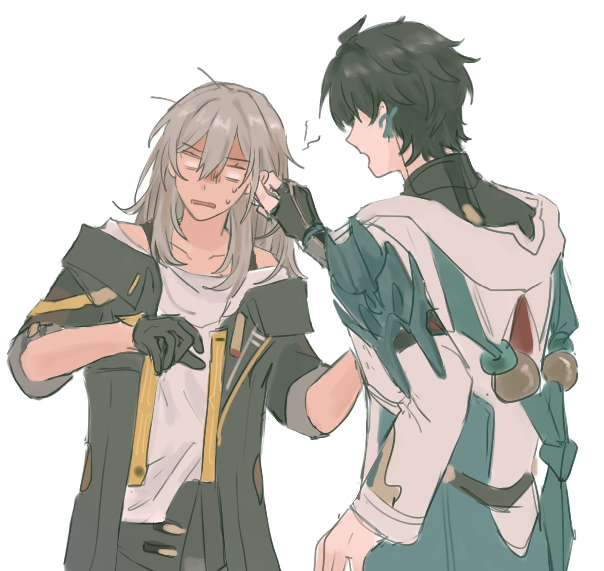 1boy, 1girl, black_gloves, black_jacket, black_shirt, black_skirt, blank_eyes, bra_strap