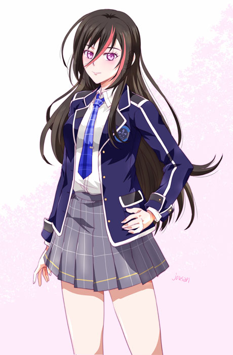 1girl, aramis_high_school_uniform, collared_shrug, double-parted_bangs, eiyuu_densetsu, emilia_harling, folded_collar, grid_skirt