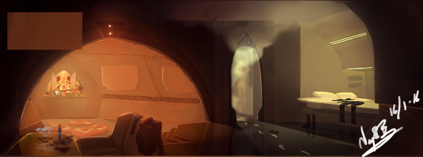 amarr_empire_(eve_online), bed, black_boots, black_bra, black_panties, boots, bottle, bra, brown_theme, chair, commentary, cruiser_(eve_online), doorway, english_commentary, eve_online, footprints, glowing, gun, handgun, highres, hologram, holster, indoors, minmatar_republic_(eve_online), mrpheenox, no_humans, panties, pillow, scenery, science_fiction, sheath, sheathed, stabber_(eve_online), stairs, steam, table, thukker_mix_(eve_online), underwear, unworn_boots, unworn_bra, unworn_panties, weapon