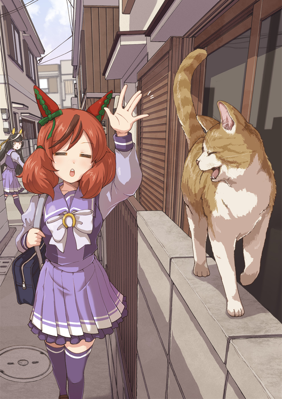 2girls, ahoge, alley, animal_ears, bag, black_hair, blunt_bangs, blush