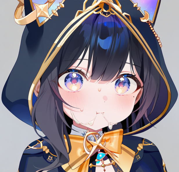 ai-generated, amazed, animal_ears, black_hair, black_hoodie, cat_ears, cat_girl, cheese, closed_mouth, food, gradient_eyes, hair_between_eyes, hood, hoodie, inaro_(vtuber), indie_virtual_youtuber, multicolored_eyes, non-web_source, surprised
