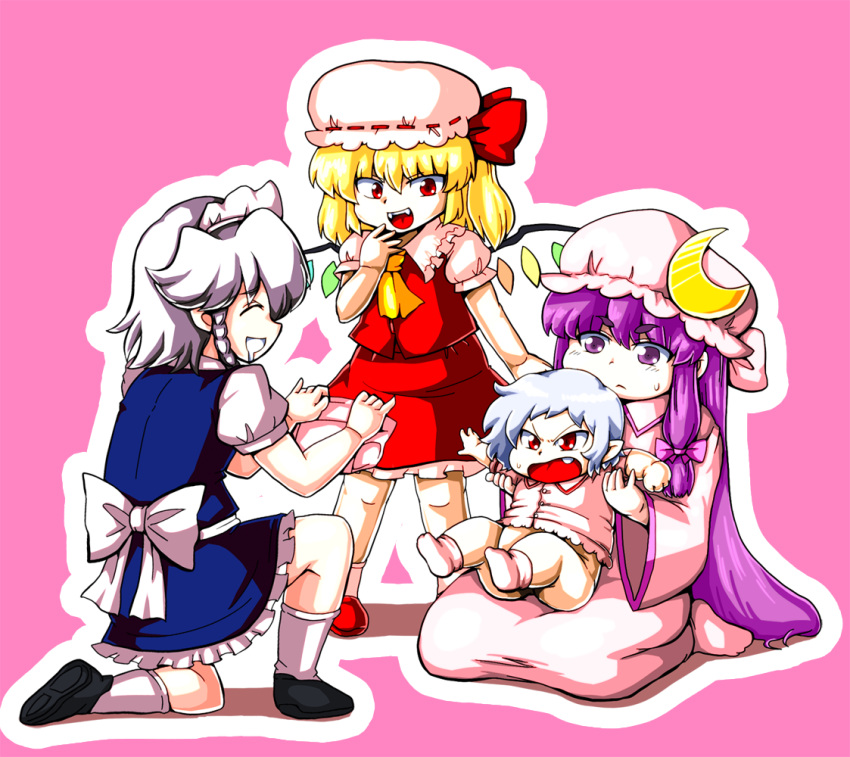 4girls, age_regression, ascot, baby, blonde_hair, blue_hair, blush, braid, crescent, diaper, fang, flandre_scarlet, hat, izayoi_sakuya, long_hair, maid, maid_headdress, multiple_girls, nazotyu, no_hat, no_headwear, patchouli_knowledge, purple_eyes, purple_hair, red_eyes, remilia_scarlet, short_hair, side_ponytail, silver_hair, skirt, smile, touhou, twin_braids, wings, young