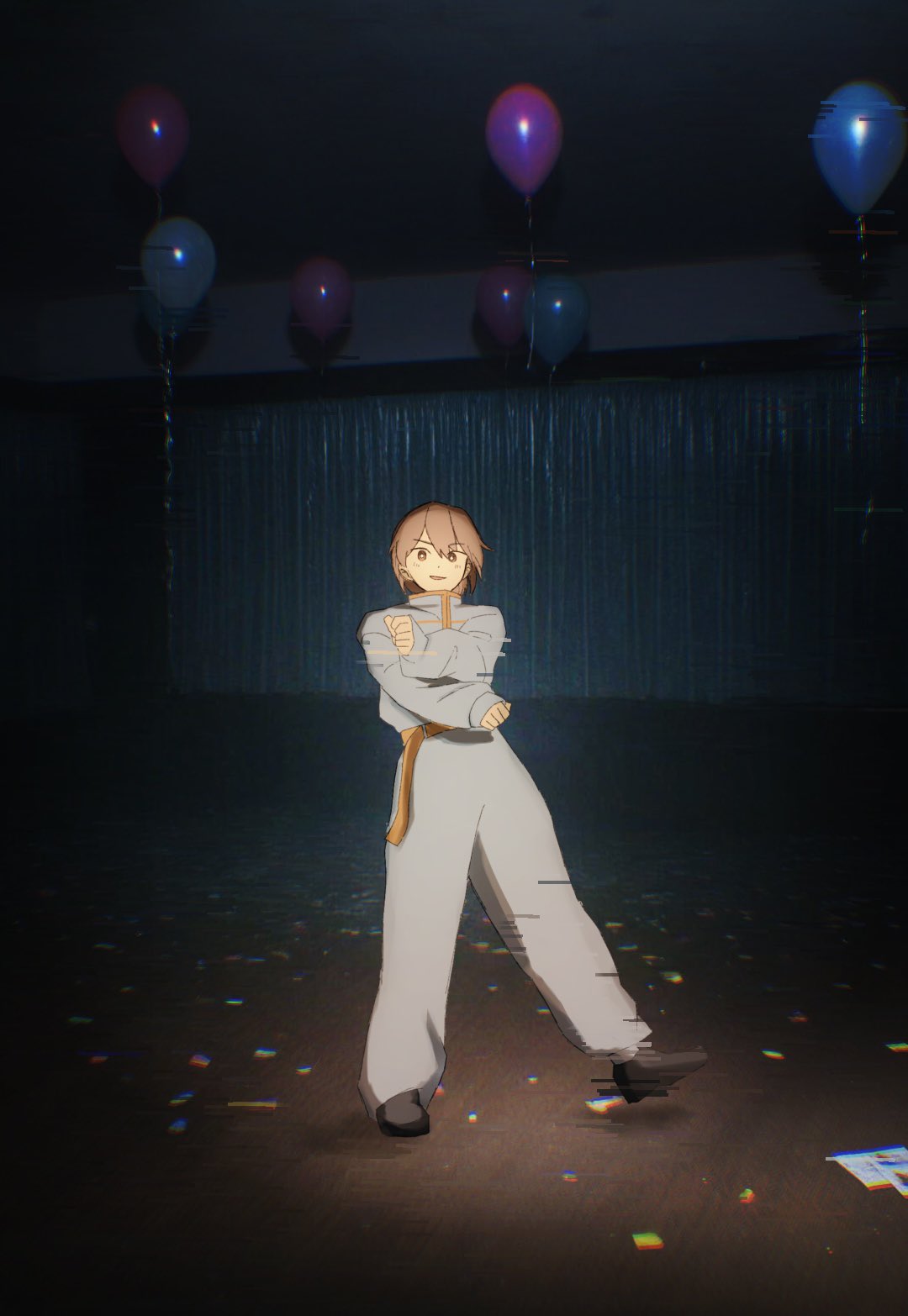 1boy, alternate_eye_color, balloon, black_shoes, blush, brain_rot_(synthesizer_v), bright_pupils, brown_eyes