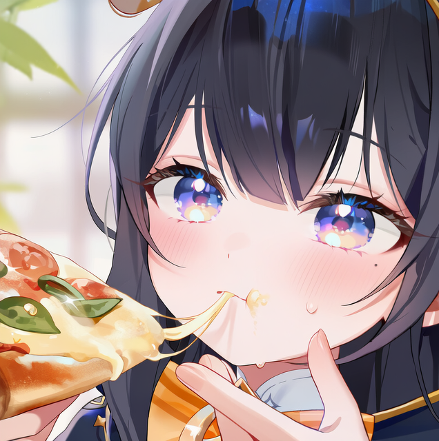 ai-generated, black_hair, closed_mouth, eating, eyebrows_hidden_by_hair, food, gradient_eyes, hair_between_eyes