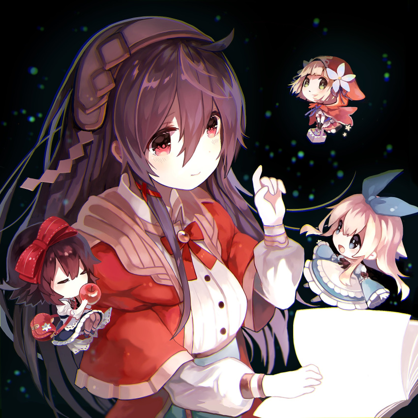 4girls, alice_(grimms_notes), alice_(repage)_(grimms_notes), animal_ear_hood, apple, apron, az_9649, basket