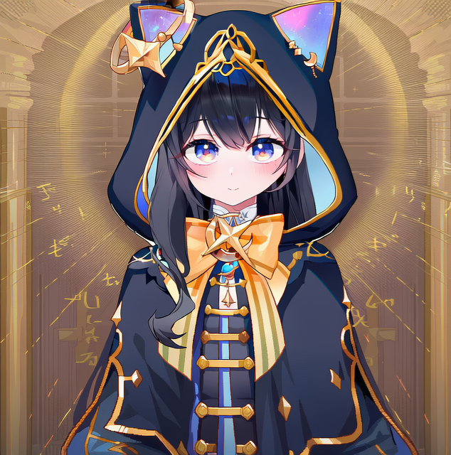 ai-generated, animal_ears, black_hair, black_hoodie, cat_ears, cat_girl, colored_skin, gradient_eyes