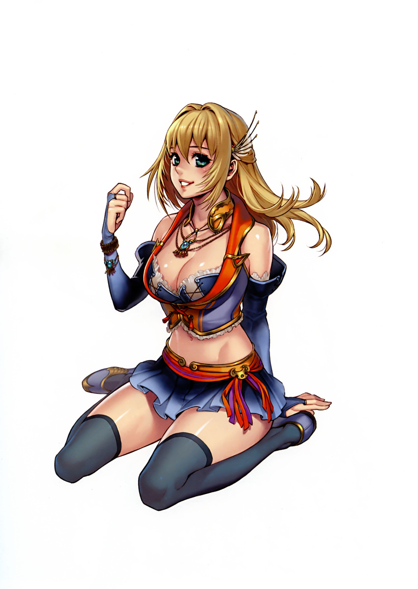 1girl, blonde_hair, blush, breasts, cleavage, elbow_gloves, gloves, green_eyes