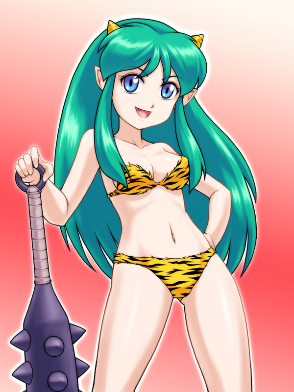 blue_eyes, club, fang, green_hair, horns, long_hair, lum, mizugi, oni, pointed_ears, pointy_ears, spiked_club, swimsuit, tiger_print, tsunamagurou, urusei_yatsura, weapon