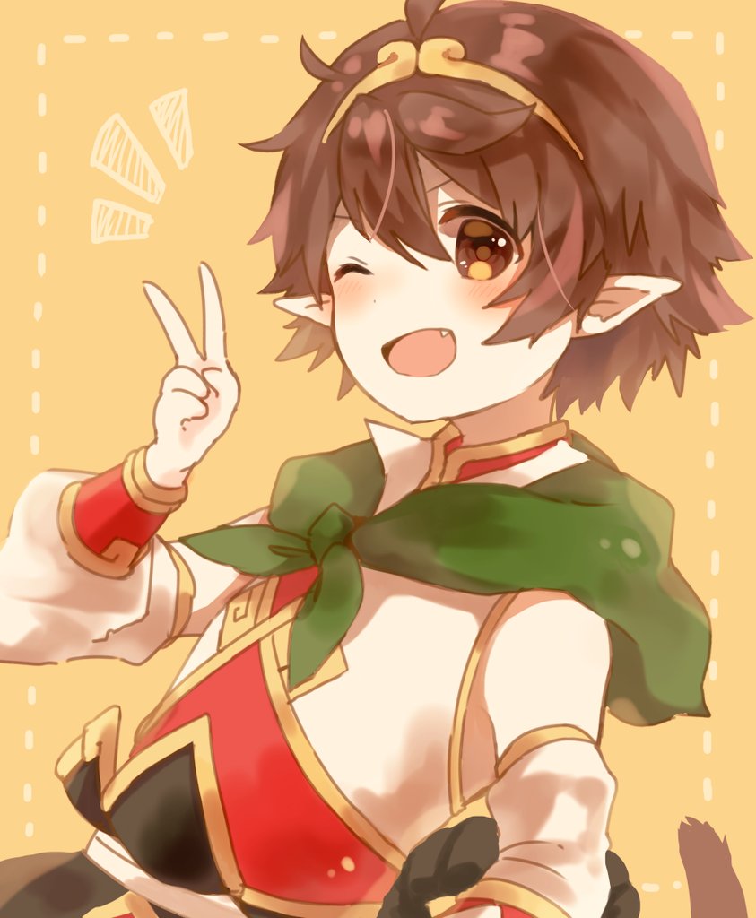 1girl, az_9649, brown_hair, detached_sleeves, fang, grimms_notes, hair_between_eyes, hand_up