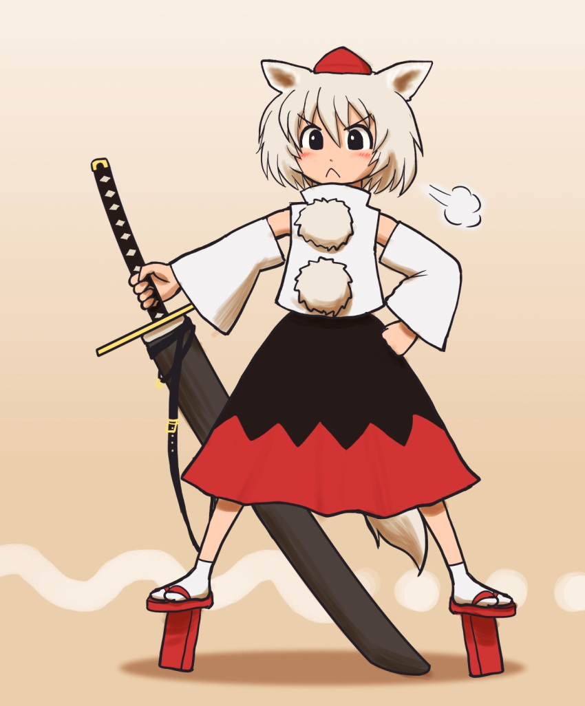 :<, angry, animal_ears, black_eyes, blush, detached_sleeves, frown, geta