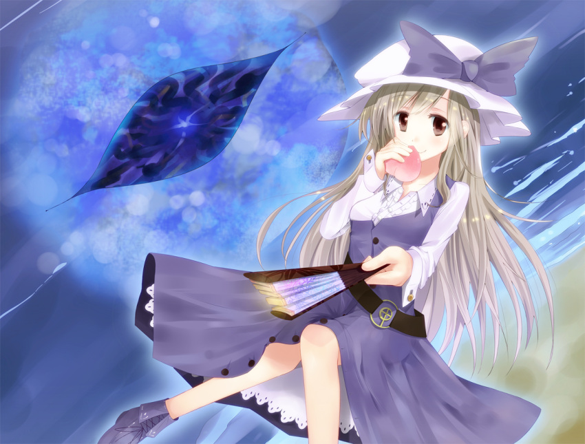 belt, blonde_hair, boots, breasts, brown_eyes, closed_fan, dress, dress_shirt, fan, folding_fan, food, fruit, full_moon, gap, hat, ipette-k, long_hair, moon, peach, sand, shirt, sitting, solo, touhou, watatsuki_no_toyohime, water