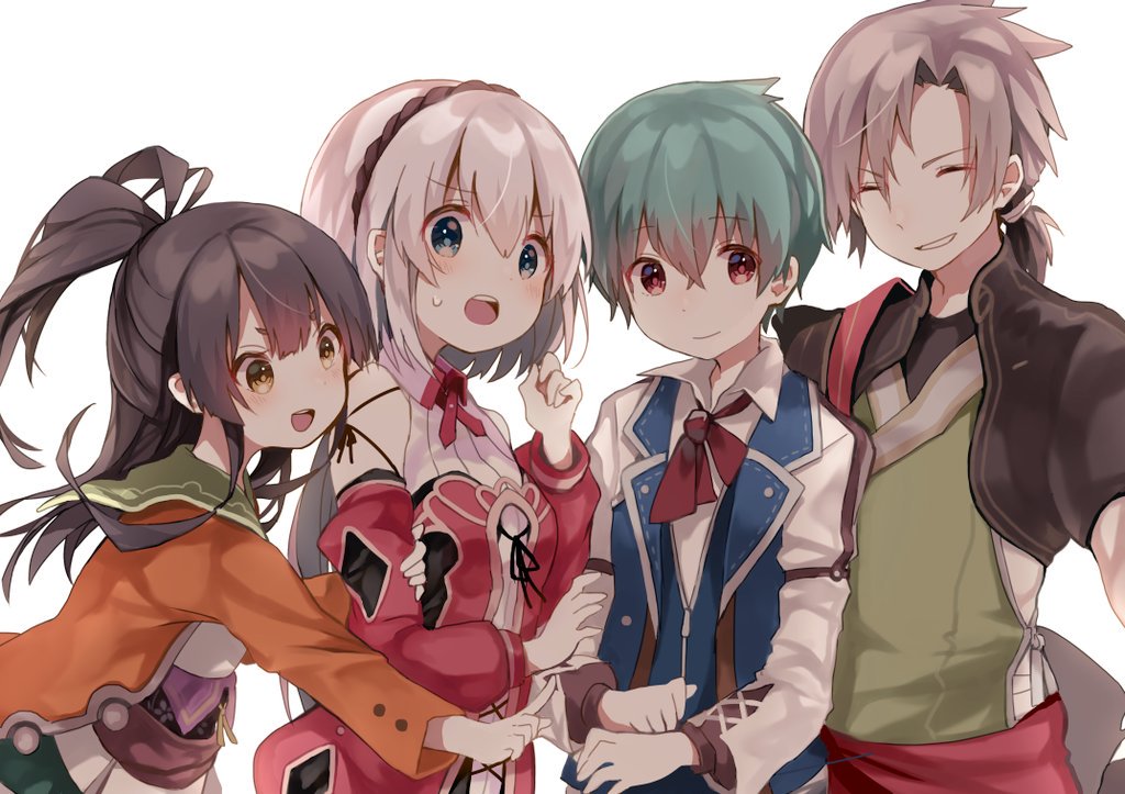 2boys, 2girls, aqua_hair, az_9649, black_hair, blonde_hair, blue_vest, breasts