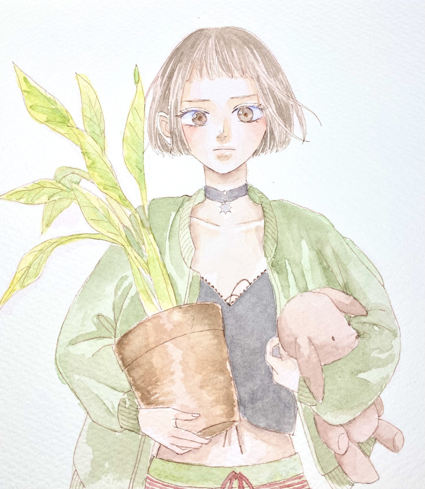1girl, :|, black_choker, black_shirt, blunt_bangs, blunt_ends, bob_cut, bomber_jacket