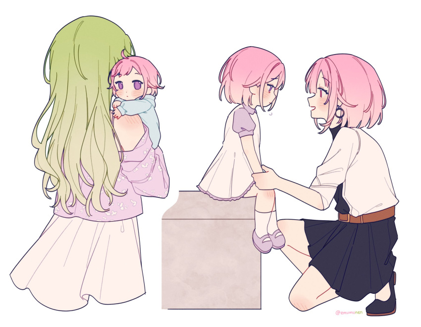 3girls, ahoge, belt, black_dress, black_shoes, blunt_bangs, blunt_ends, blush