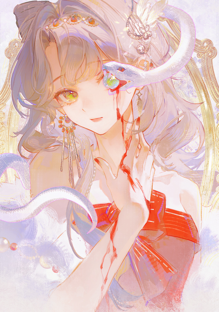 1girl, ball, ball_in_mouth, bare_shoulders, blood, chinese_commentary, commentary_request, earrings