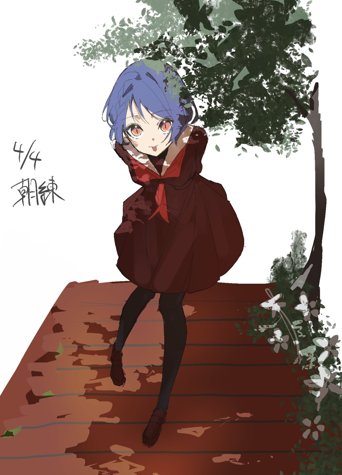1girl, arms_behind_back, black_pantyhose, blue_hair, braid, brown_dress, brown_shoes, commentary, dated, dress, flower, hasu_no_sora_school_uniform, highres, leaning_forward, link!_like!_love_live!, looking_at_viewer, love_live!, neckerchief, orange_eyes, pantyhose, red_neckerchief, reizawa_aoi, sailor_collar, school_uniform, shoes, short_hair, side_braid, slit_pupils, solo, tongue, tongue_out, tree, virtual_youtuber, white_background, white_sailor_collar, winter_uniform, zen66574227