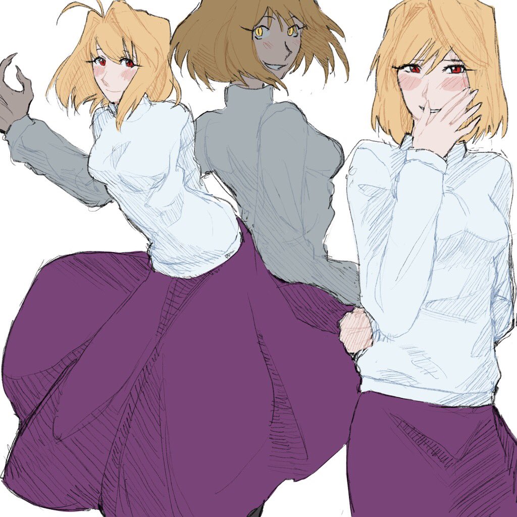 1girl, ahoge, antenna_hair, arcueid_brunestud, arm_behind_back, arms_behind_back, blonde_hair, blush_stickers