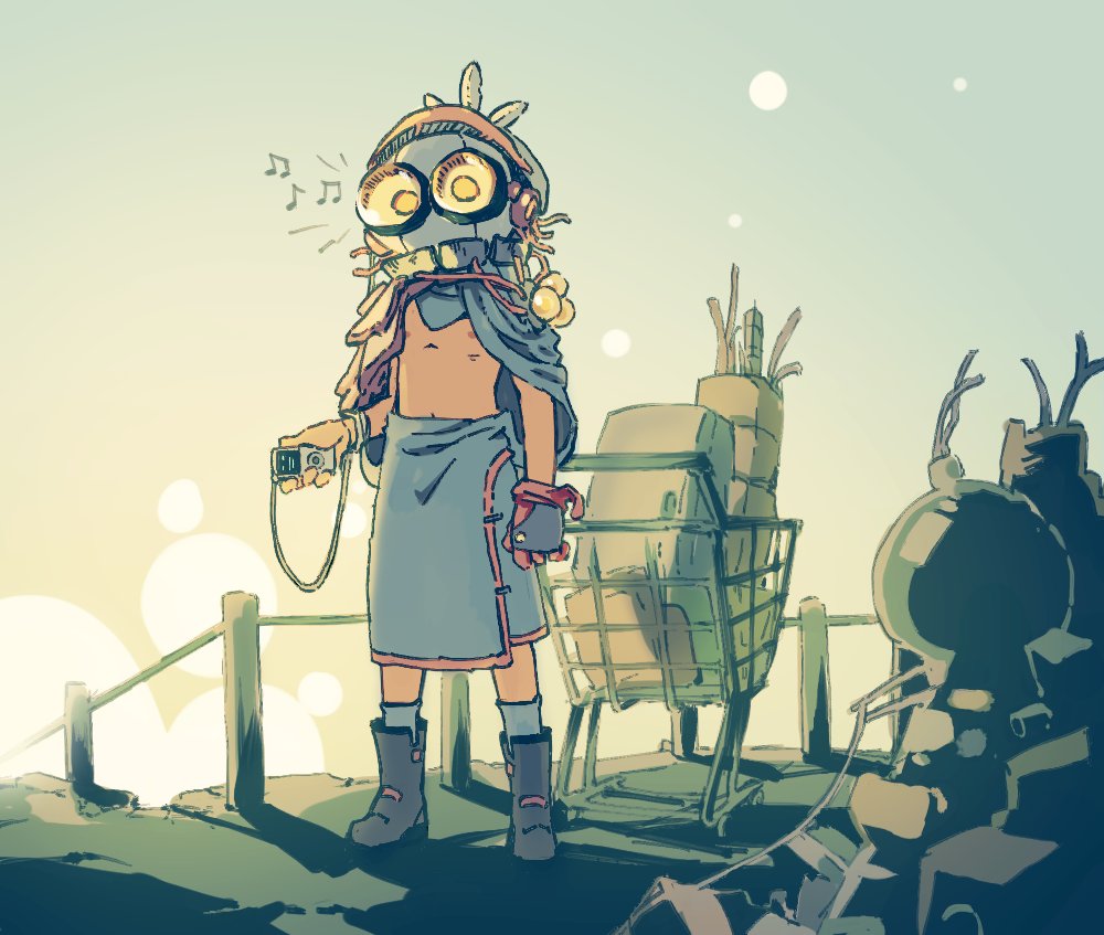 1boy, boots, cape, clothes_around_waist, dark-skinned_male, dark_skin, gloves, goggles, goggles_on_headwear, helmet, holding, holding_mp3_player, kenoru, looking_afar, male_focus, mask, mp3_player, musical_note, navel, nipples, original, pectorals, shopping_cart, shota, skirt, socks, standing, stomach