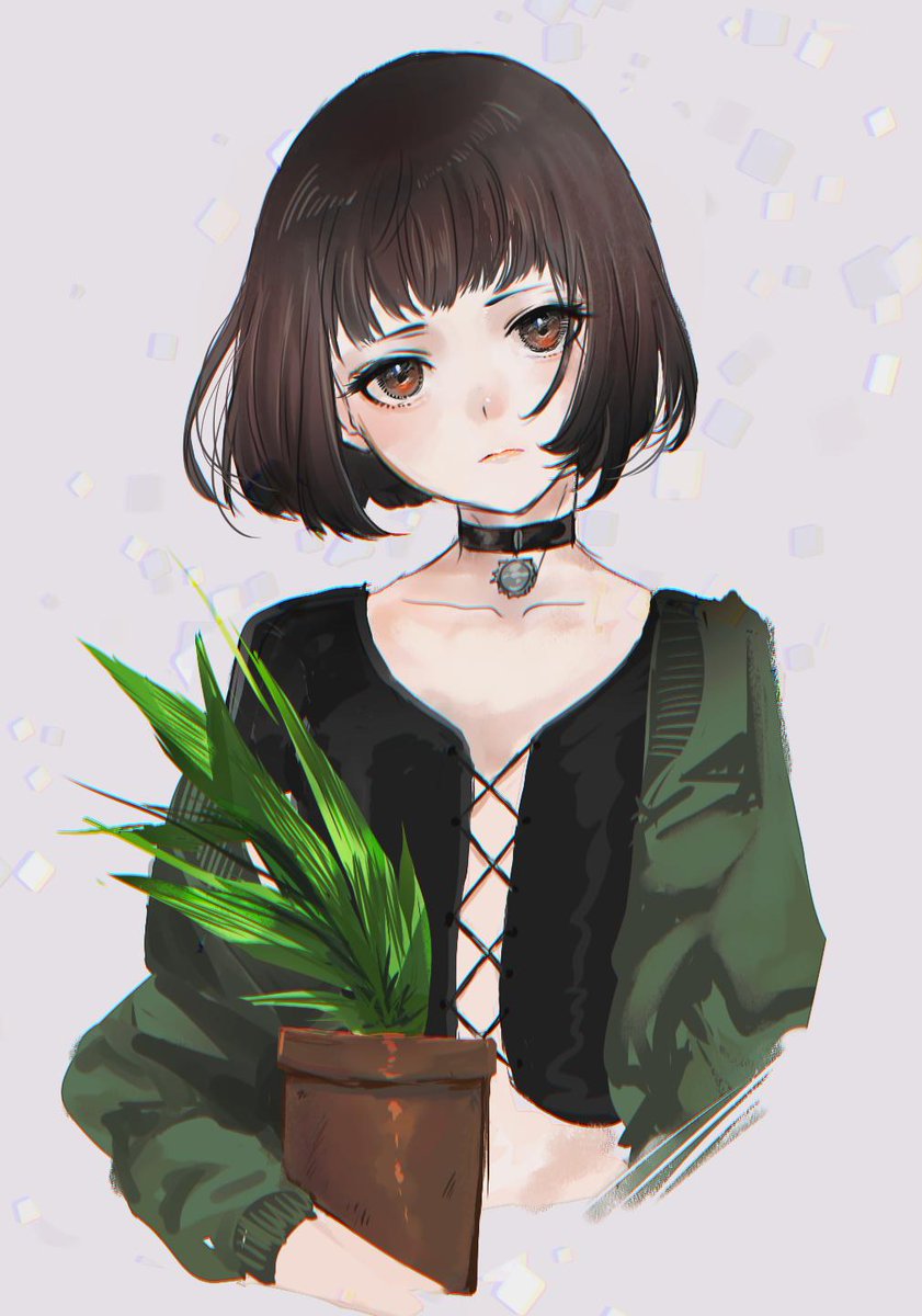 1girl, arm_at_side, bad_id, bad_twitter_id, black_choker, black_shirt, blunt_bangs, blunt_ends
