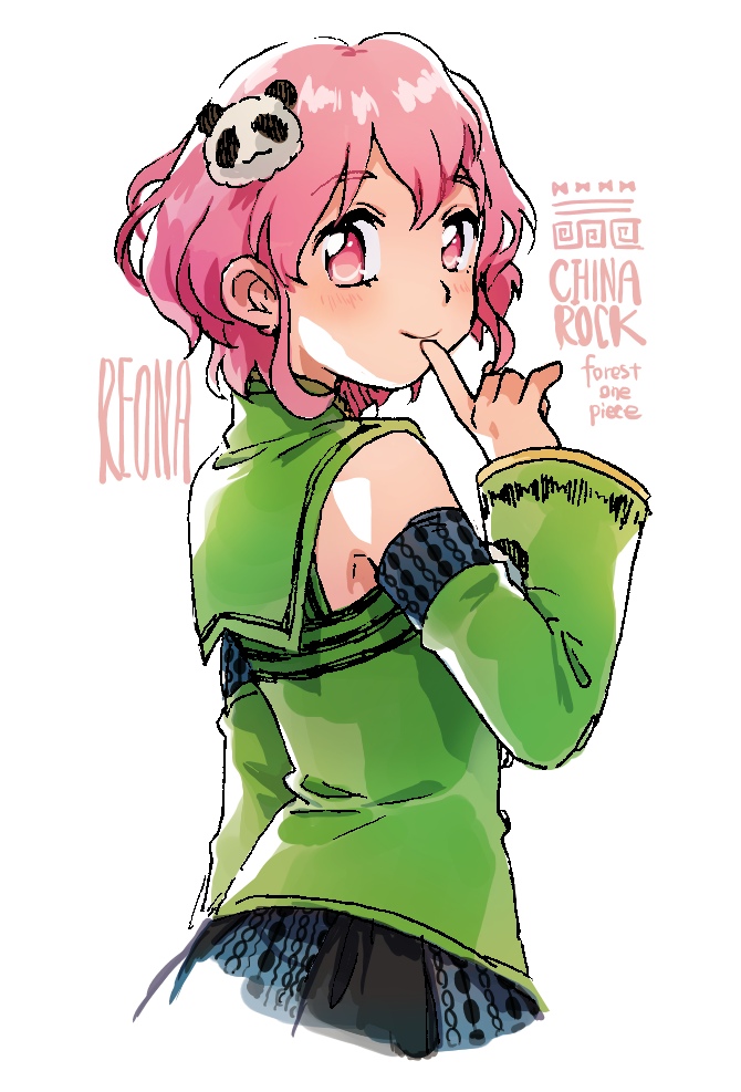 1boy, black_skirt, chinese_clothes, closed_mouth, crossdressing, crossdressing_(mtf), detached_sleeves, elizabeth_(tomas21), finger_to_mouth, from_behind, green_shirt, green_sleeves, hand_up, long_sleeves, looking_at_viewer, looking_back, pink_eyes, pink_hair, pretty_series, pripara, reona_west, shirt, short_hair, simple_background, skirt, smile, solo, trap, upper_body, white_background