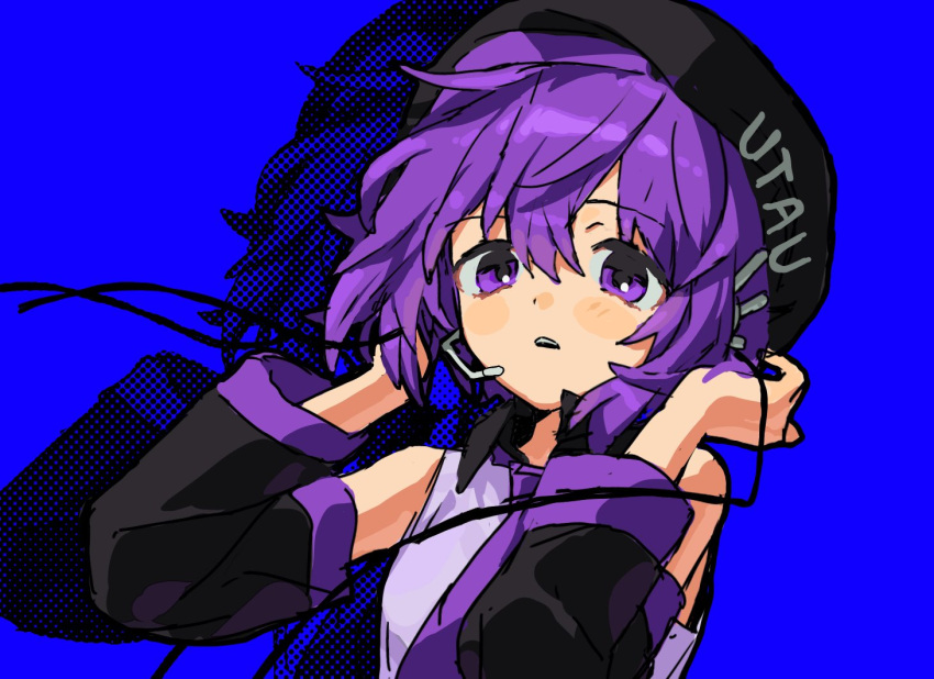 1girl, beret, black_hat, blue_background, blush_stickers, cable, collared_shirt, detached_sleeves