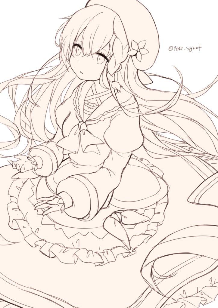 1girl, az_9649, braid, dorothea_viehmann_(grimms_notes), dorothea_viehmann_(original)_(grimms_notes), dress, flower, grimms_notes, hat, hat_flower, juliet_sleeves, long_hair, long_sleeves, monochrome, neckerchief, parted_lips, puffy_long_sleeves, puffy_sleeves, sailor_collar, simple_background, single_braid, solo, twitter_username, very_long_hair, white_background