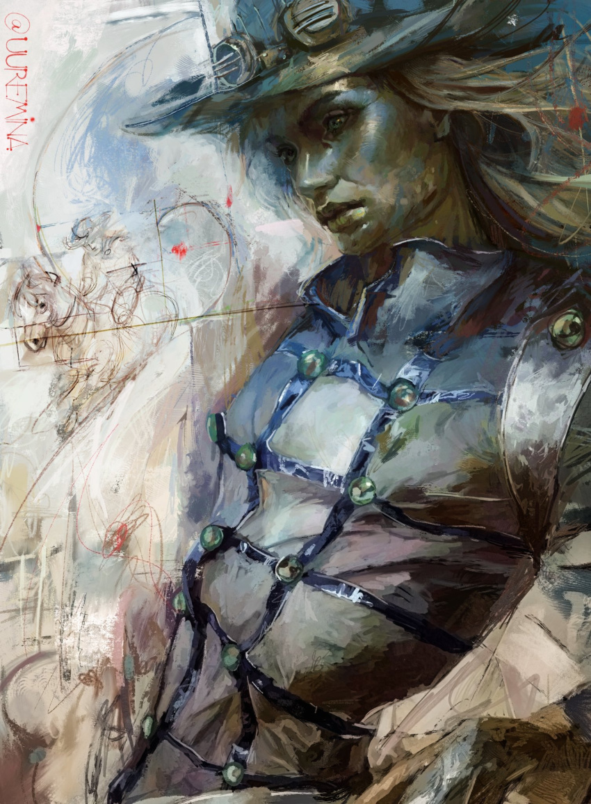 1boy, blonde_hair, cowboy_hat, goggles, goggles_on_headwear, gold_teeth, green_lips, grills, gyro_zeppeli, hat, highres, jojo_no_kimyou_na_bouken, male_focus, solo, steel_ball_run, uureminaa