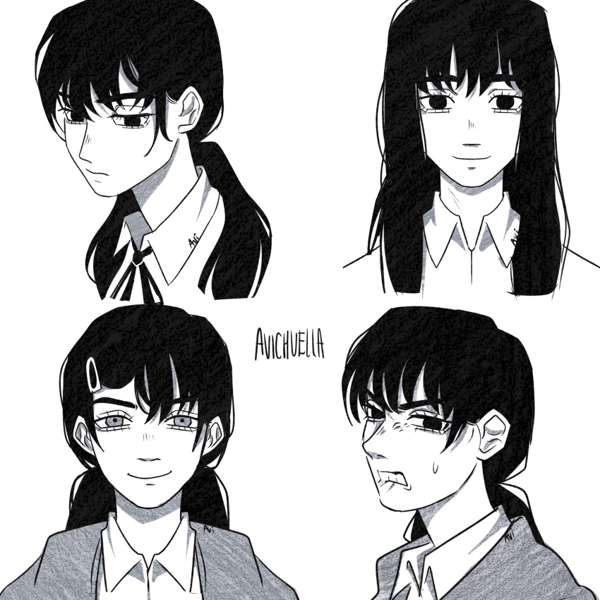 1girl, absurdres, avichuella, biting_own_lip, chainsaw_man, closed_mouth, collared_shirt, greyscale