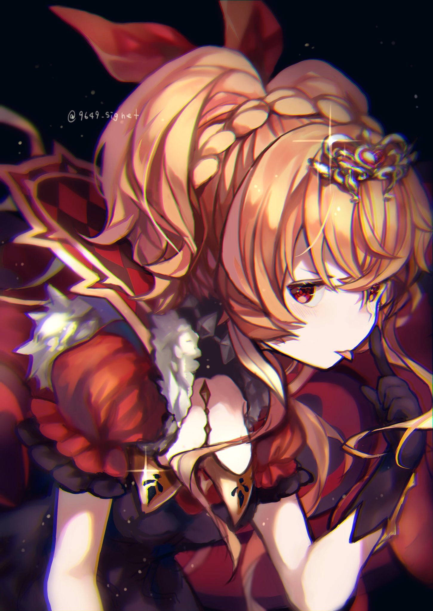 1girl, az_9649, black_background, black_dress, black_gloves, blonde_hair, braid, breasts
